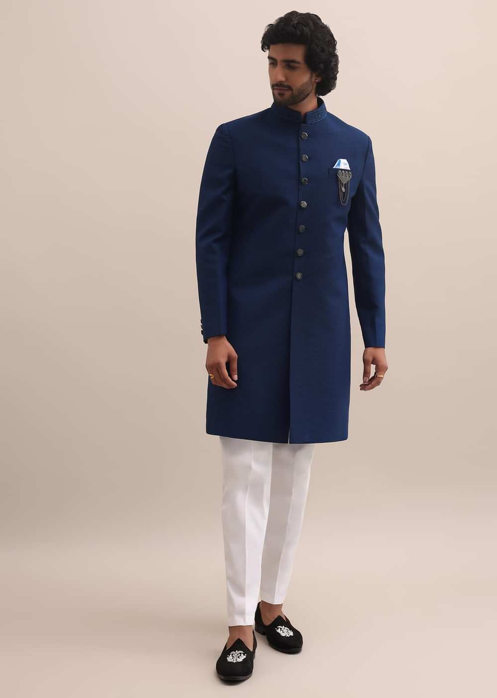 Blue Self Embroidered Sherwani For Men
