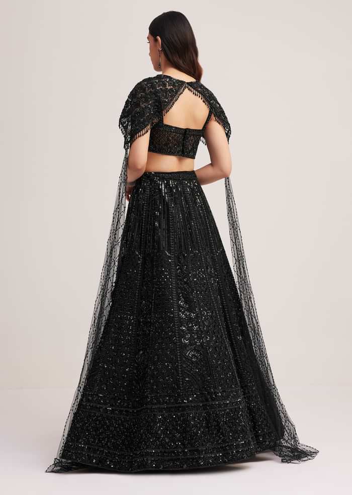 Black Sequin Embellished Lehenga Choli Set With Cape