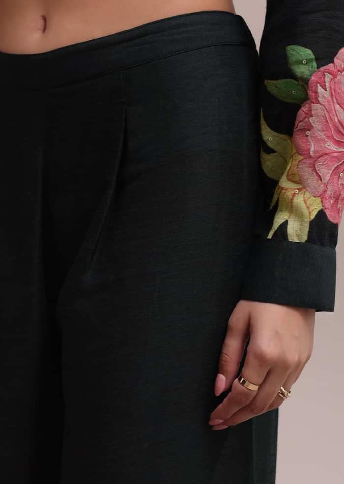 Black Sequin Worked Linen Summer Co-ord Set With Floral Prints