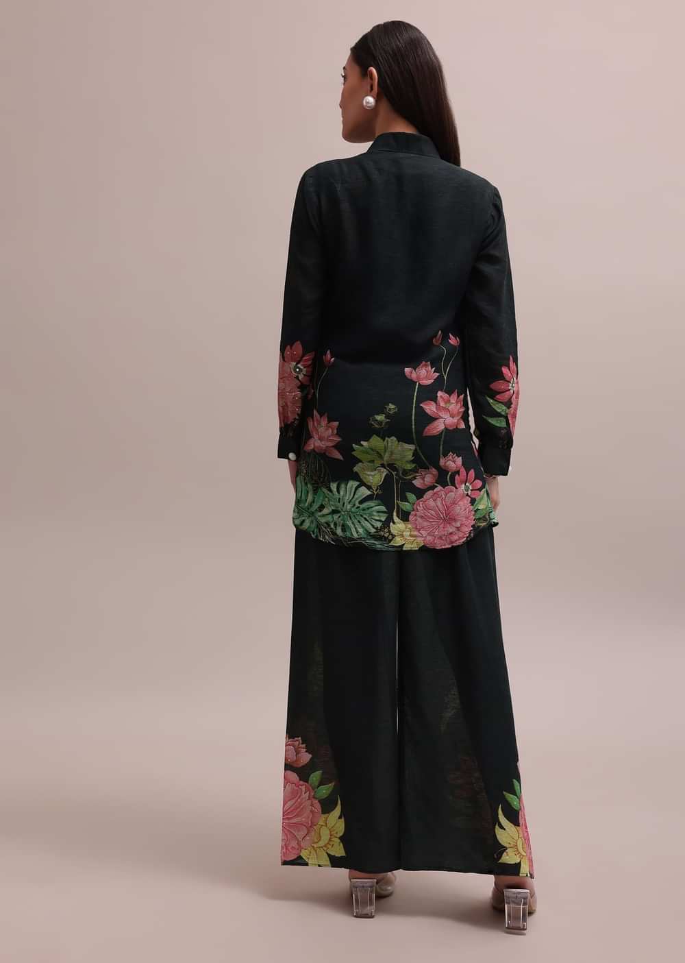 Black Sequin Worked Linen Summer Co-ord Set With Floral Prints