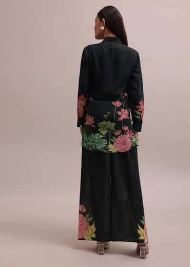 Black Sequin Worked Linen Summer Co-ord Set With Floral Prints