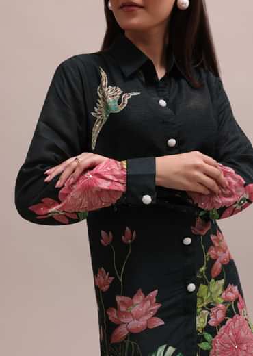 Black Sequin Worked Linen Summer Co-ord Set With Floral Prints