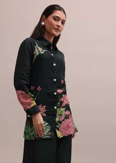 Black Sequin Worked Linen Summer Co-ord Set With Floral Prints