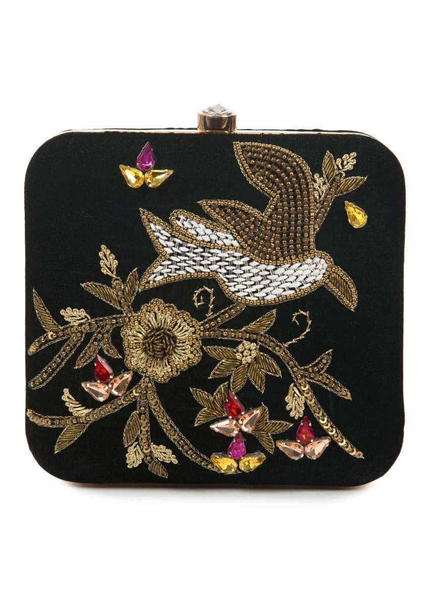 Black sequins and cutdana clutch in floral and bird motif