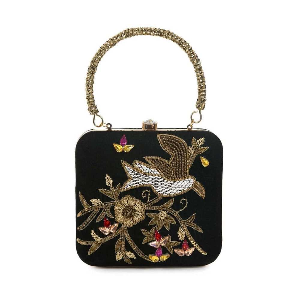 Black sequins and cutdana clutch in floral and bird motif