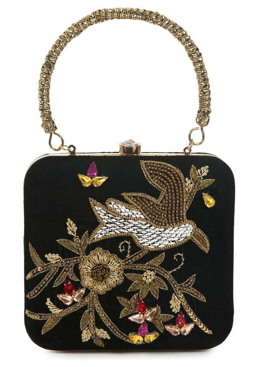 Black sequins and cutdana clutch in floral and bird motif