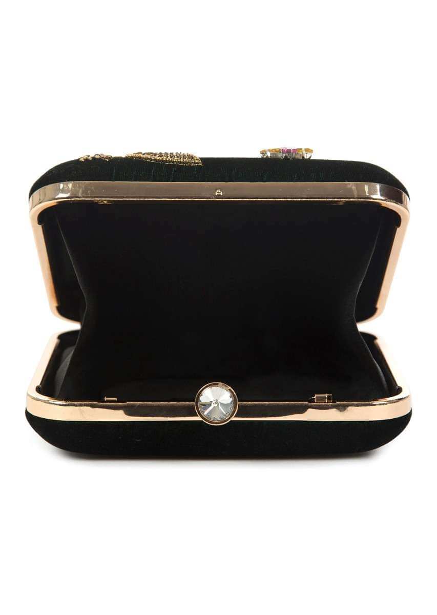 Black sequins and cutdana clutch in floral and bird motif