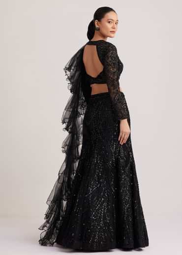 Black Sequins Lehenga Set With Ruffled Dupatta