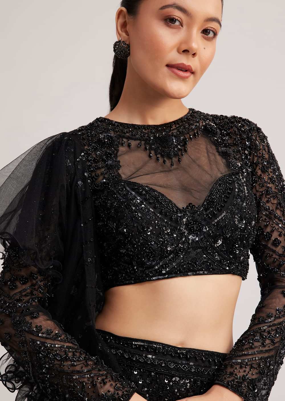 Black Sequins Lehenga Set With Ruffled Dupatta