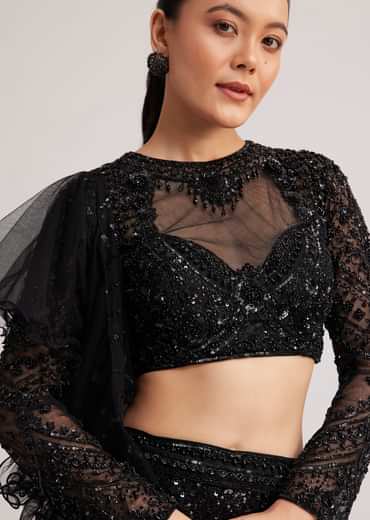 Black Sequins Lehenga Set With Ruffled Dupatta