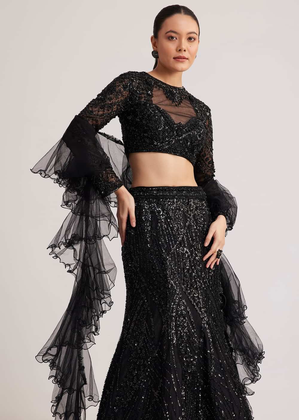 Black Sequins Lehenga Set With Ruffled Dupatta