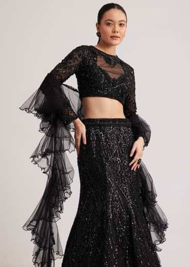 Black Sequins Lehenga Set With Ruffled Dupatta