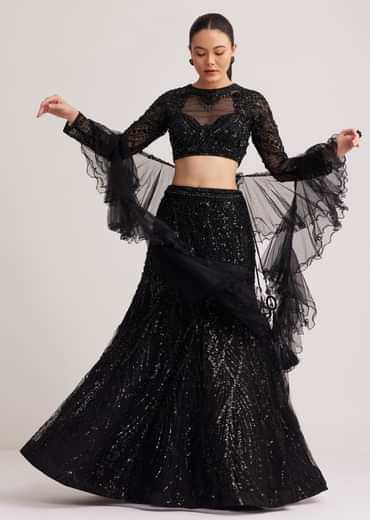 Black Sequins Lehenga Set With Ruffled Dupatta