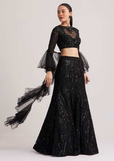 Black Sequins Lehenga Set With Ruffled Dupatta