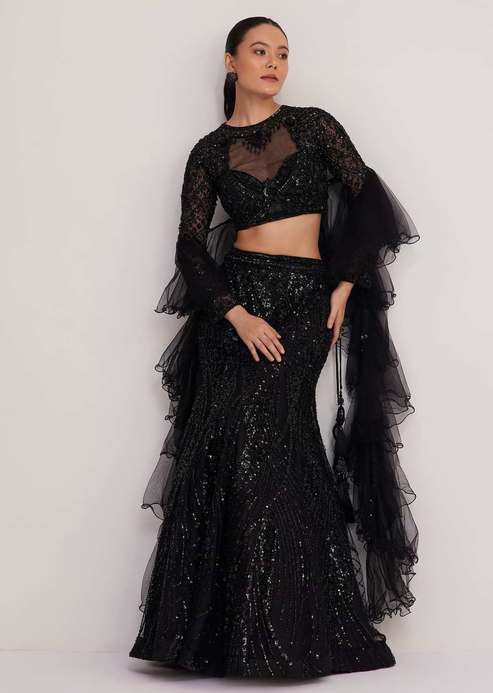 Black Sequins Lehenga Set With Ruffled Dupatta