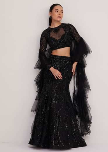Black Sequins Lehenga Set With Ruffled Dupatta