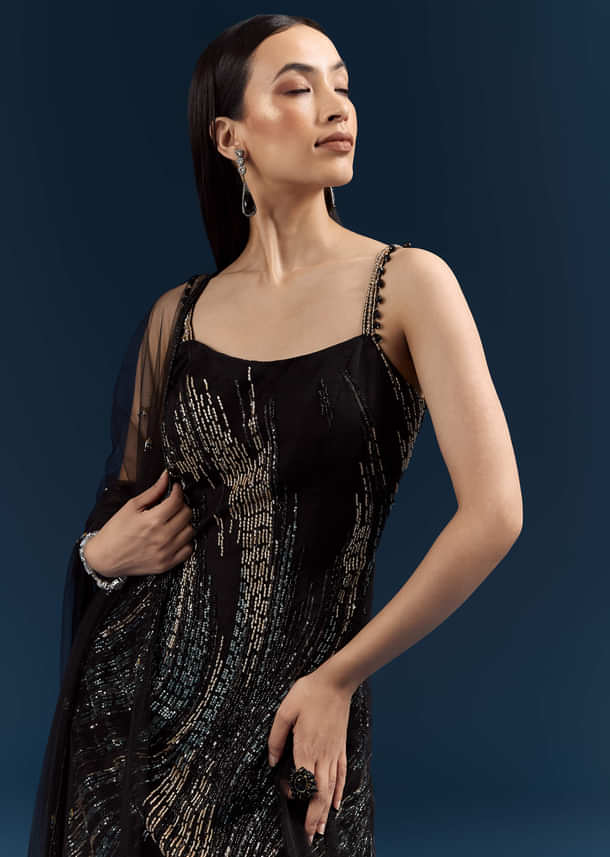 Black Sequins Sharara Suit With Cutdana Embroidery Black Sequins Sharara Suit With Cutdana Embroidery