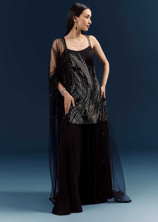 Black Sequins Sharara Suit With Cutdana Embroidery Black Sequins Sharara Suit With Cutdana Embroidery