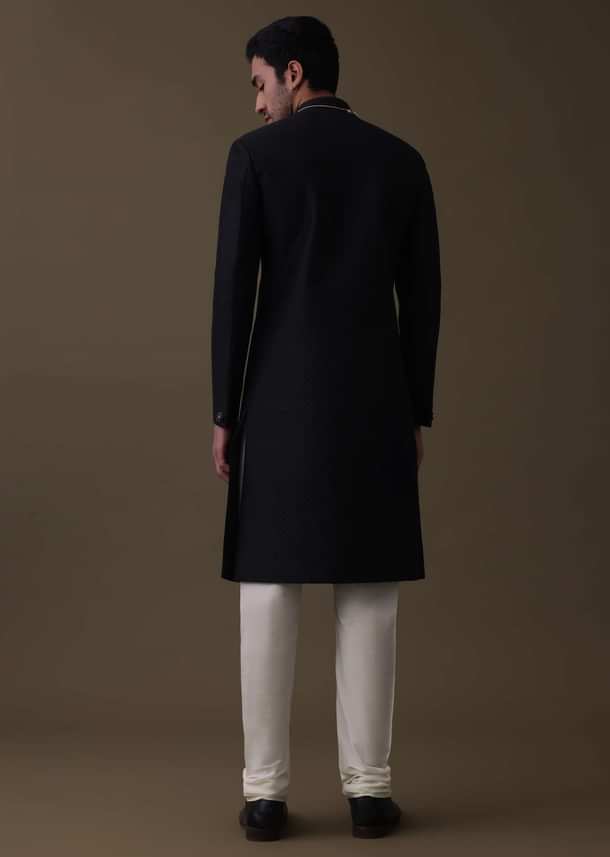Black Sherwani Set In Silk With Embroidered Dupatta And Mala