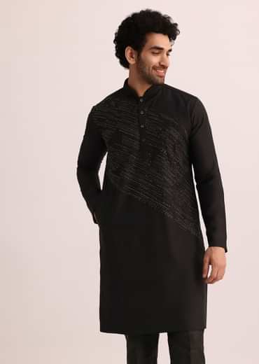 Black Silk Blend Kurta Set With Thread Embroidery