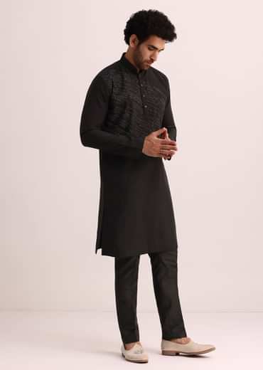 Black Silk Blend Kurta Set With Thread Embroidery