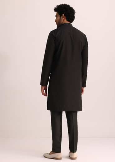 Black Silk Blend Kurta Set With Thread Embroidery
