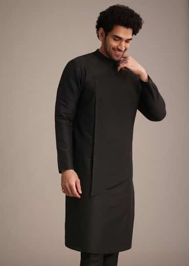 Black Silk Blend Pintuck Kurta Jacket Set
