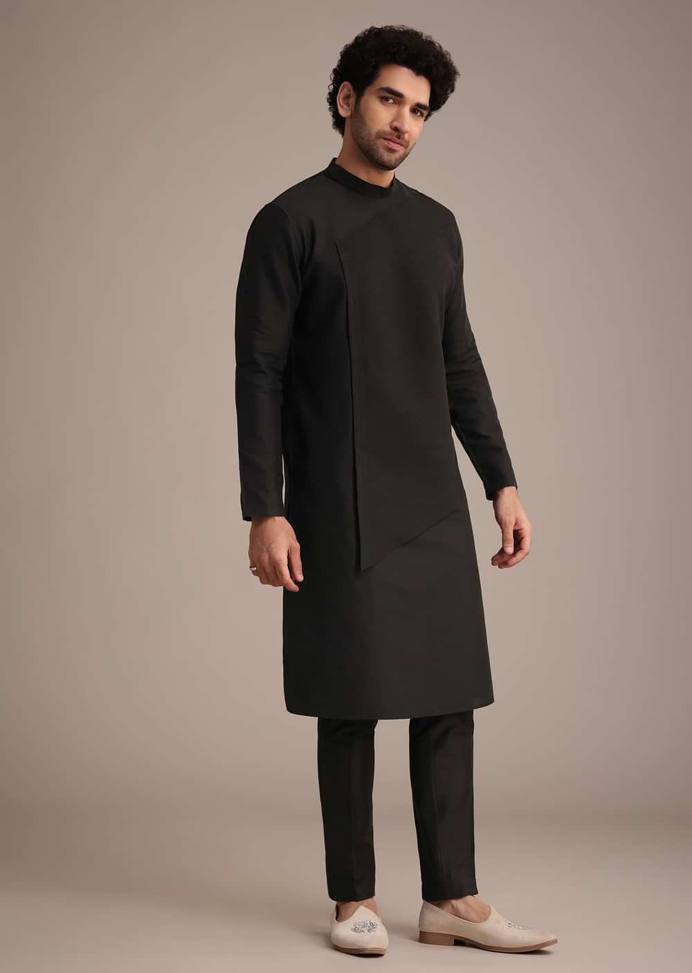 Black Silk Blend Pintuck Kurta Jacket Set