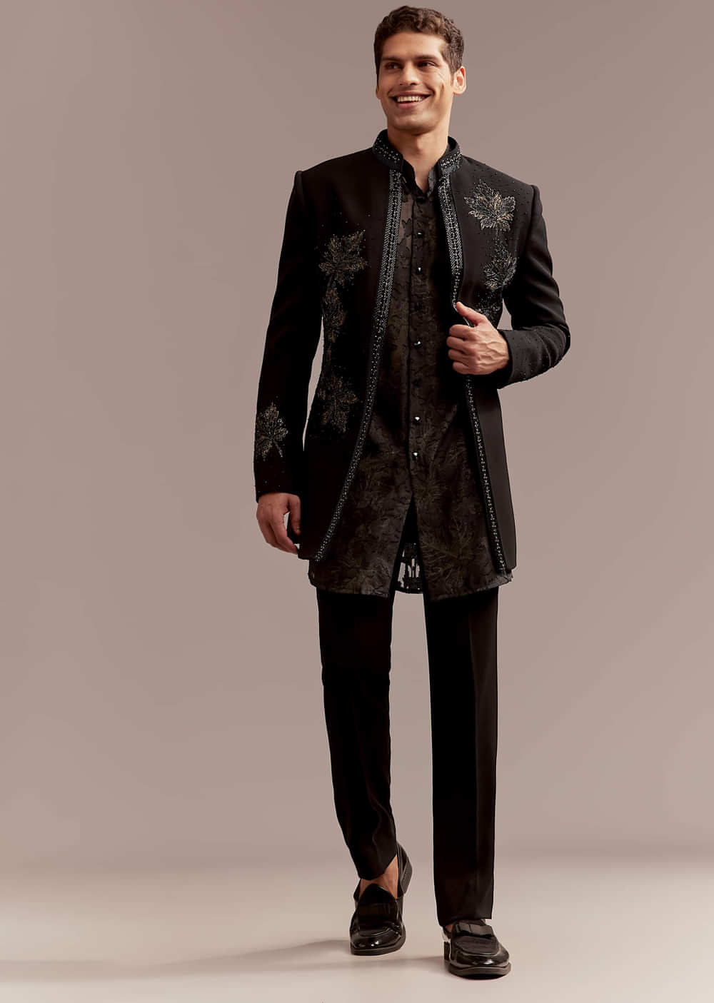 Black Silk Indo Western Set For Men With Intricate Leaf Embroidery