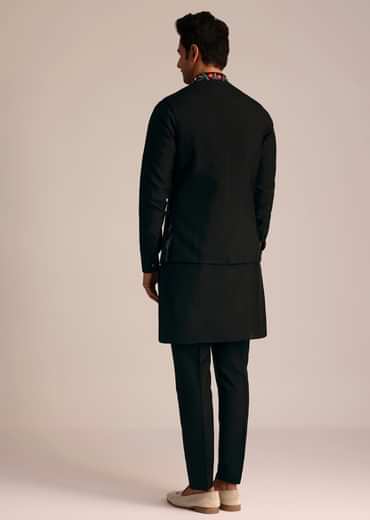 Black Silk Jacket Set With Resham Embroidery