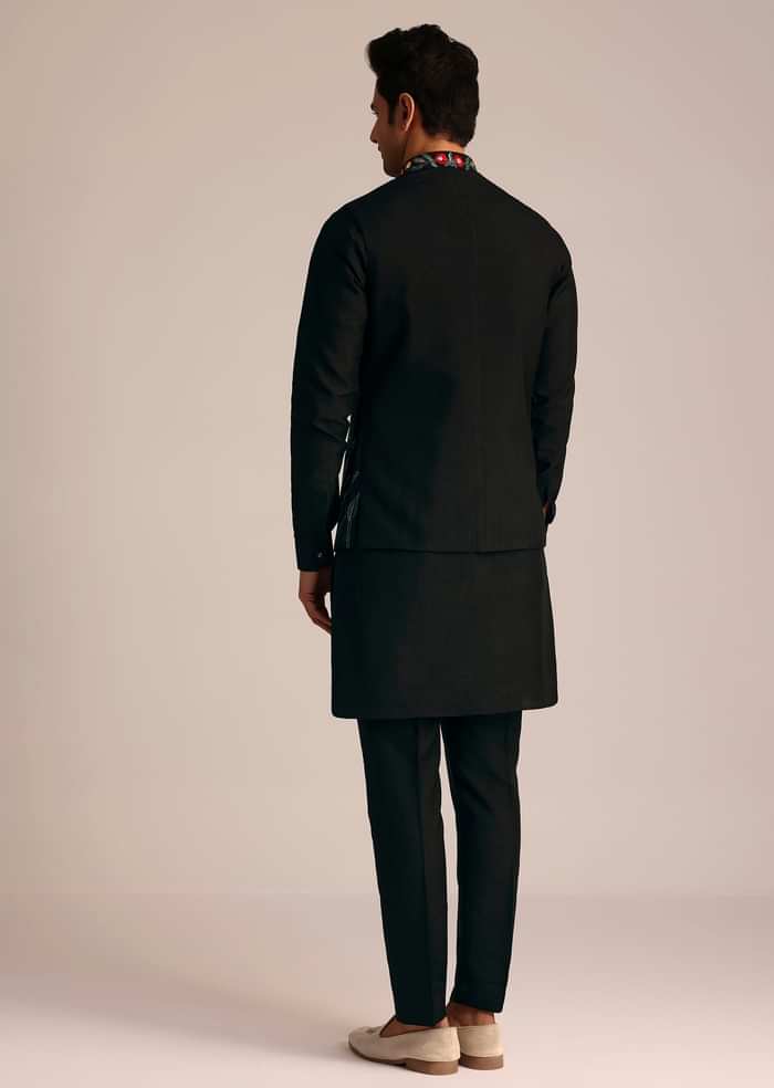 Black Silk Jacket Set With Resham Embroidery