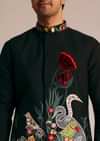 Black Silk Jacket Set With Resham Embroidery