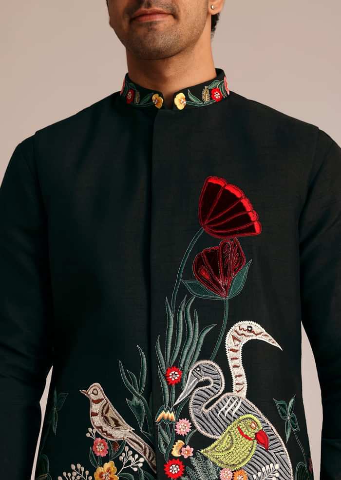 Black Silk Jacket Set With Resham Embroidery