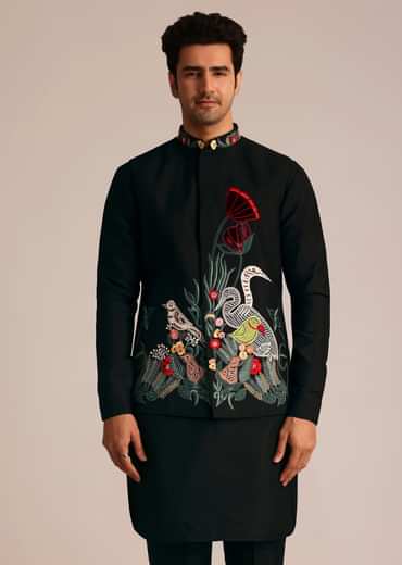 Black Silk Jacket Set With Resham Embroidery