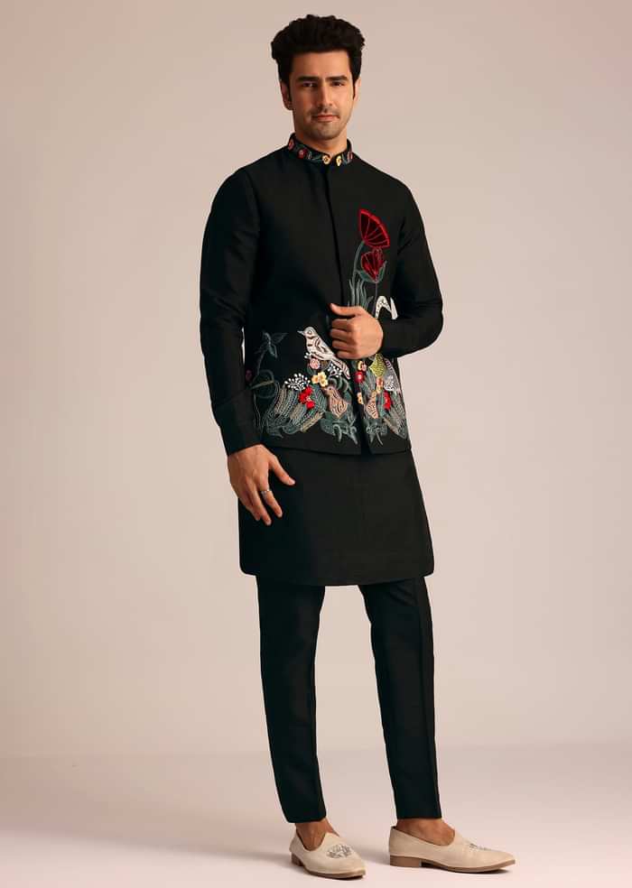 Black Silk Jacket Set With Resham Embroidery