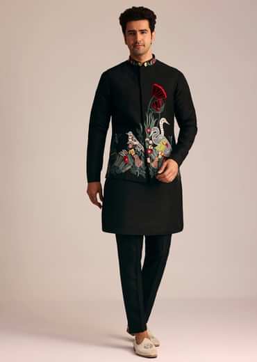 Black Silk Jacket Set With Resham Embroidery