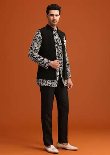 Black Silk Jacket And Kurta Set With Zari Work