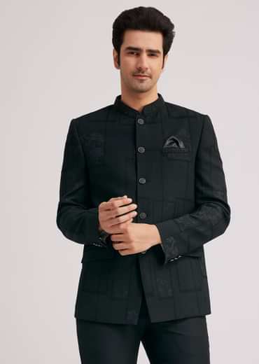 Black Silk Jodhpuri Suit With Floral Motifs And Cut Dana Work