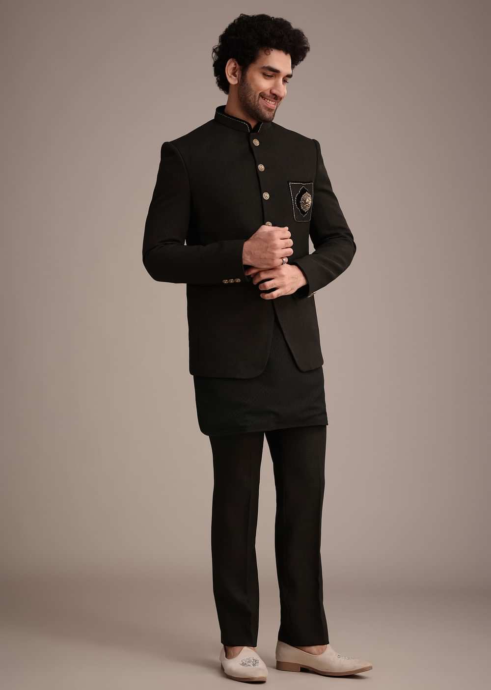Black Silk Kurta Jacket Set With Patch Work Broach