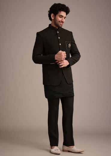 Black Silk Kurta Jacket Set With Patch Work Broach