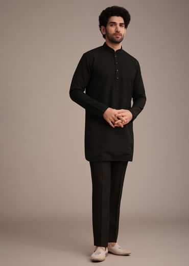 Black Silk Kurta Jacket Set With Patch Work Broach