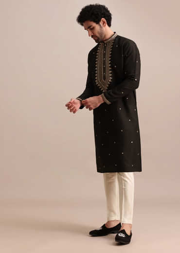 Black Silk Kurta Set With Abla Work For Men