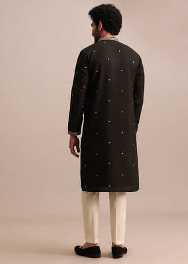 Black Silk Kurta Set With Abla Work For Men