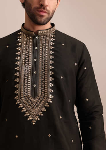 Black Silk Kurta Set With Abla Work For Men