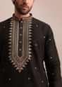 Black Silk Kurta Set With Abla Work For Men