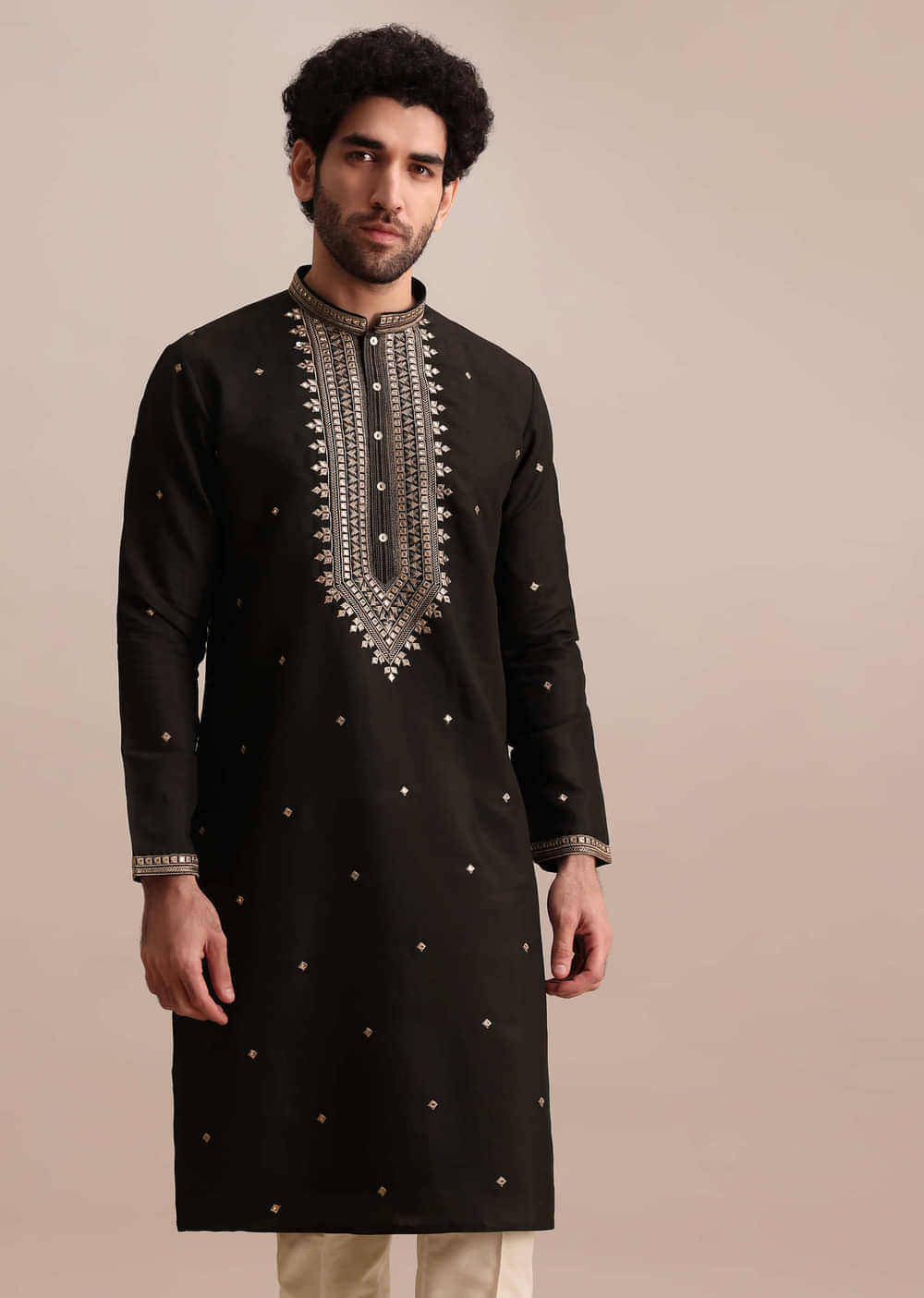 Black Silk Kurta Set With Abla Work For Men