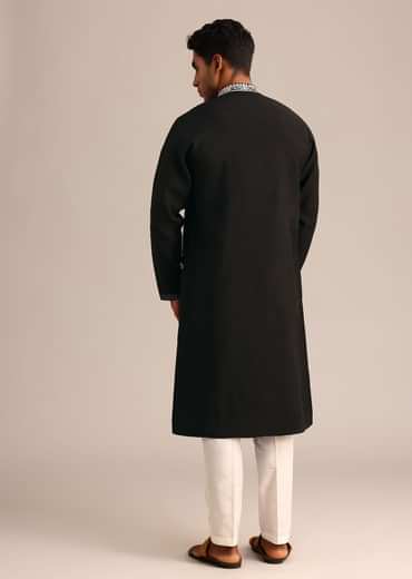 Black Silk Kurta Set With Hand Embroidered Yoke