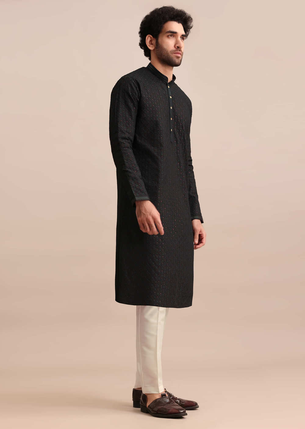 Black Silk Kurta Set With Threadwork For Men