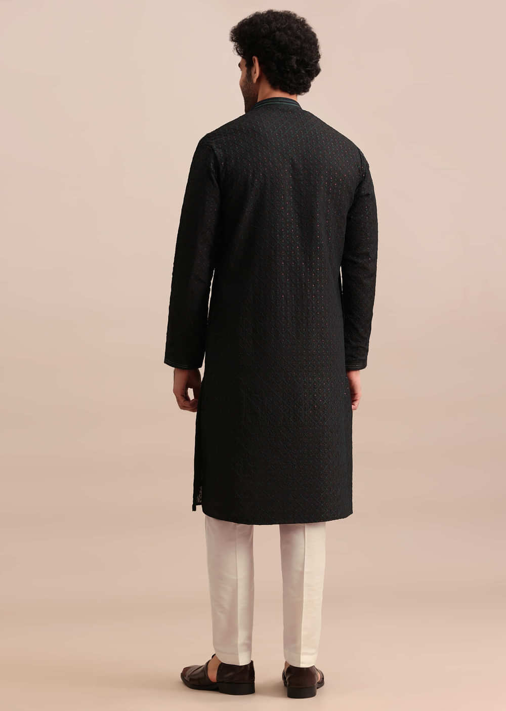Black Silk Kurta Set With Threadwork For Men