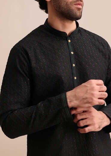 Black Silk Kurta Set With Threadwork For Men